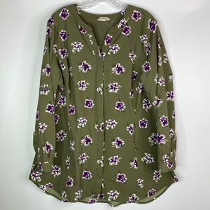 Duluth Trading DuluthFlex Sidewinder Green Purple Floral Tunic Button Up Shirt